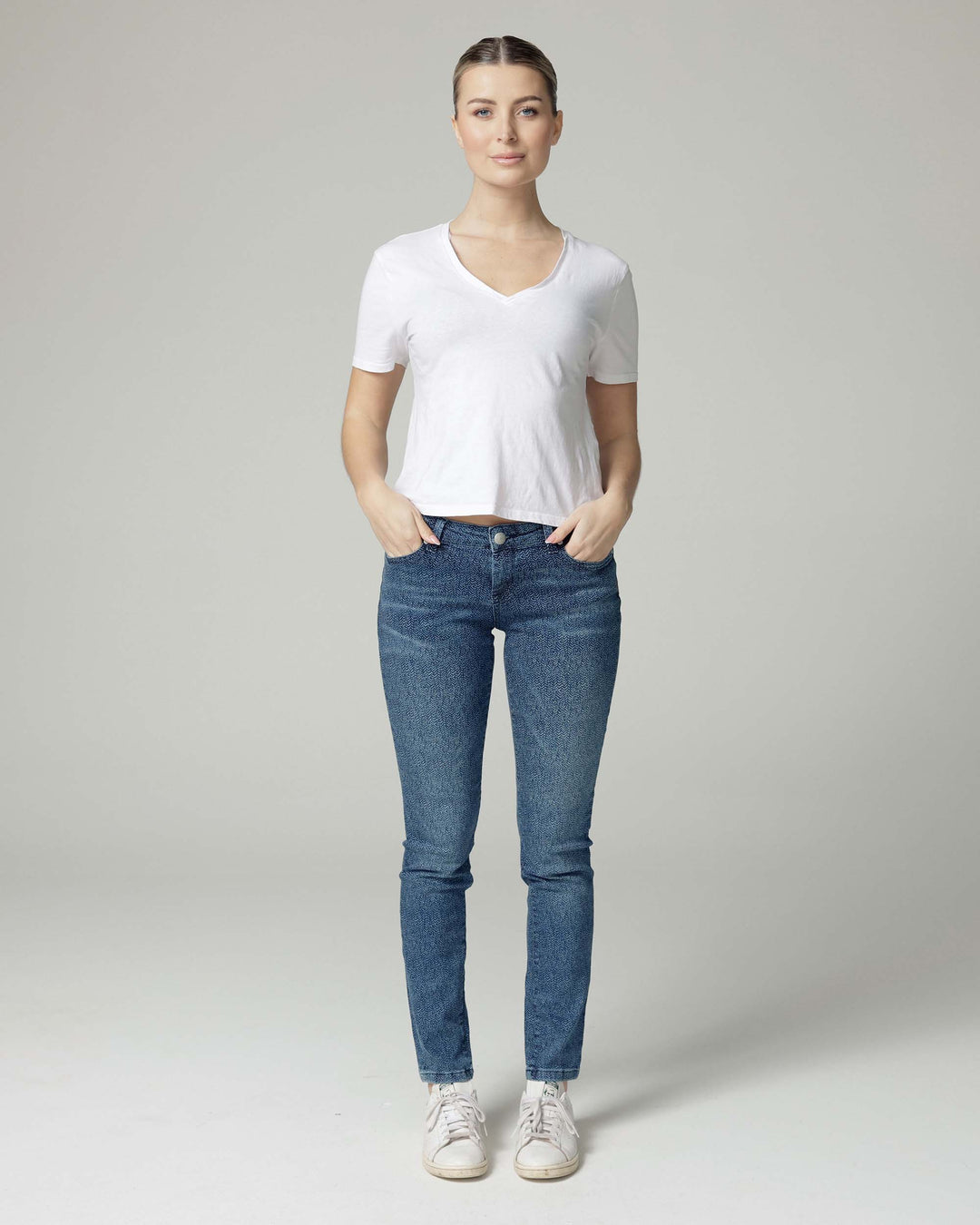 The Merty, Indigo Fishbone Print Slim Jeans
