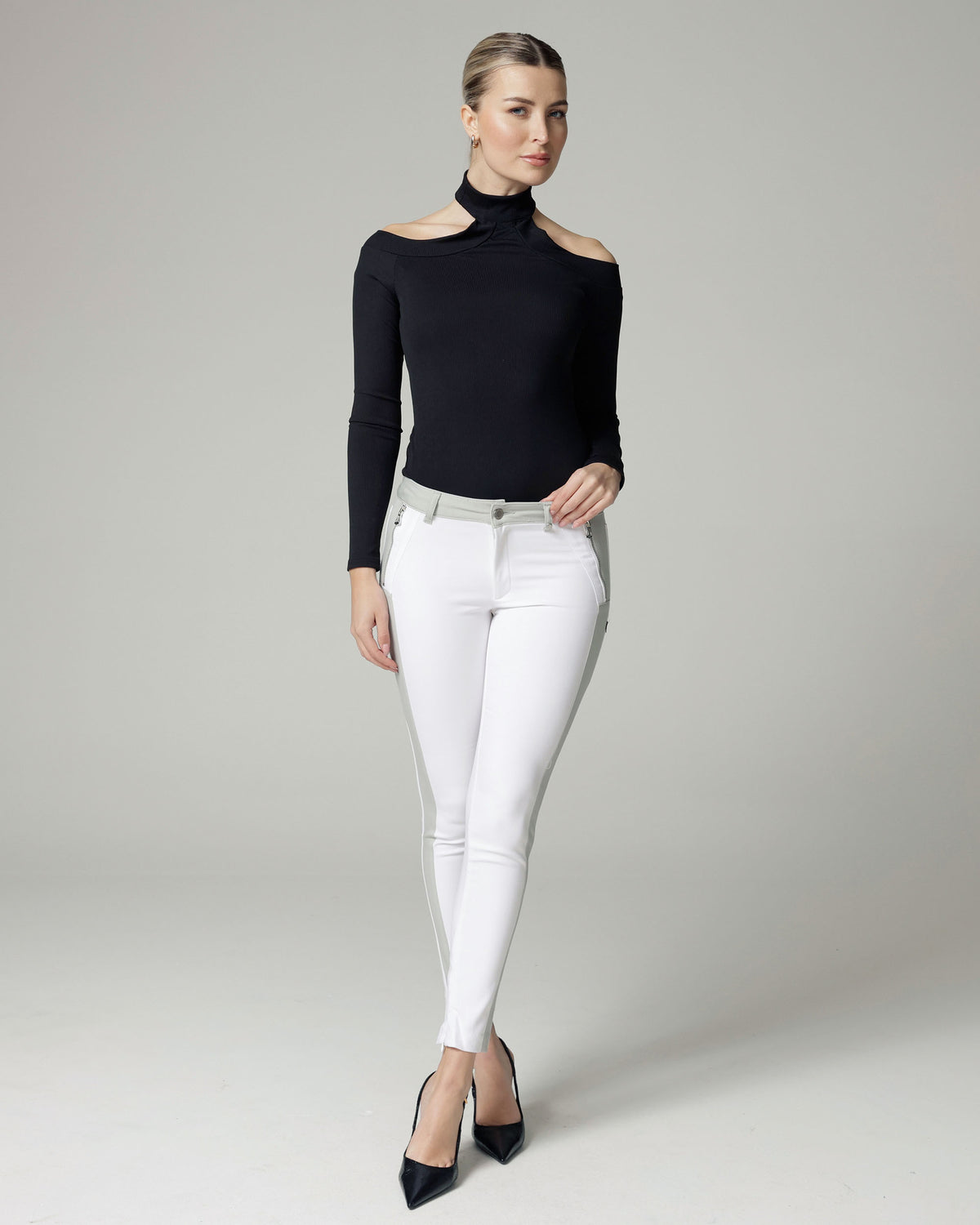 White & Silver Stripe Skinny Trousers | The Bonita Main image