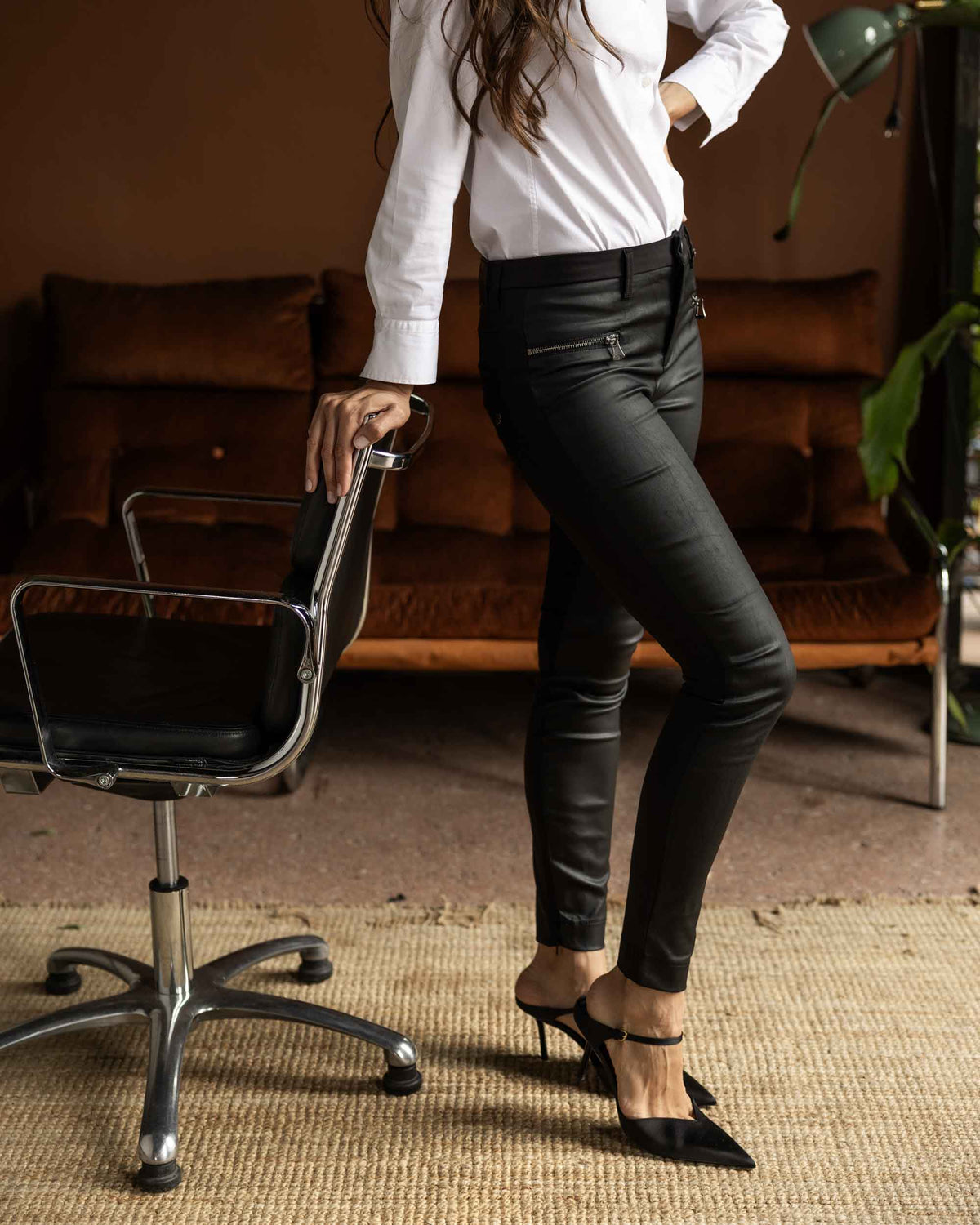 Front Coated Black Skinny Trousers | The Elisa Main image