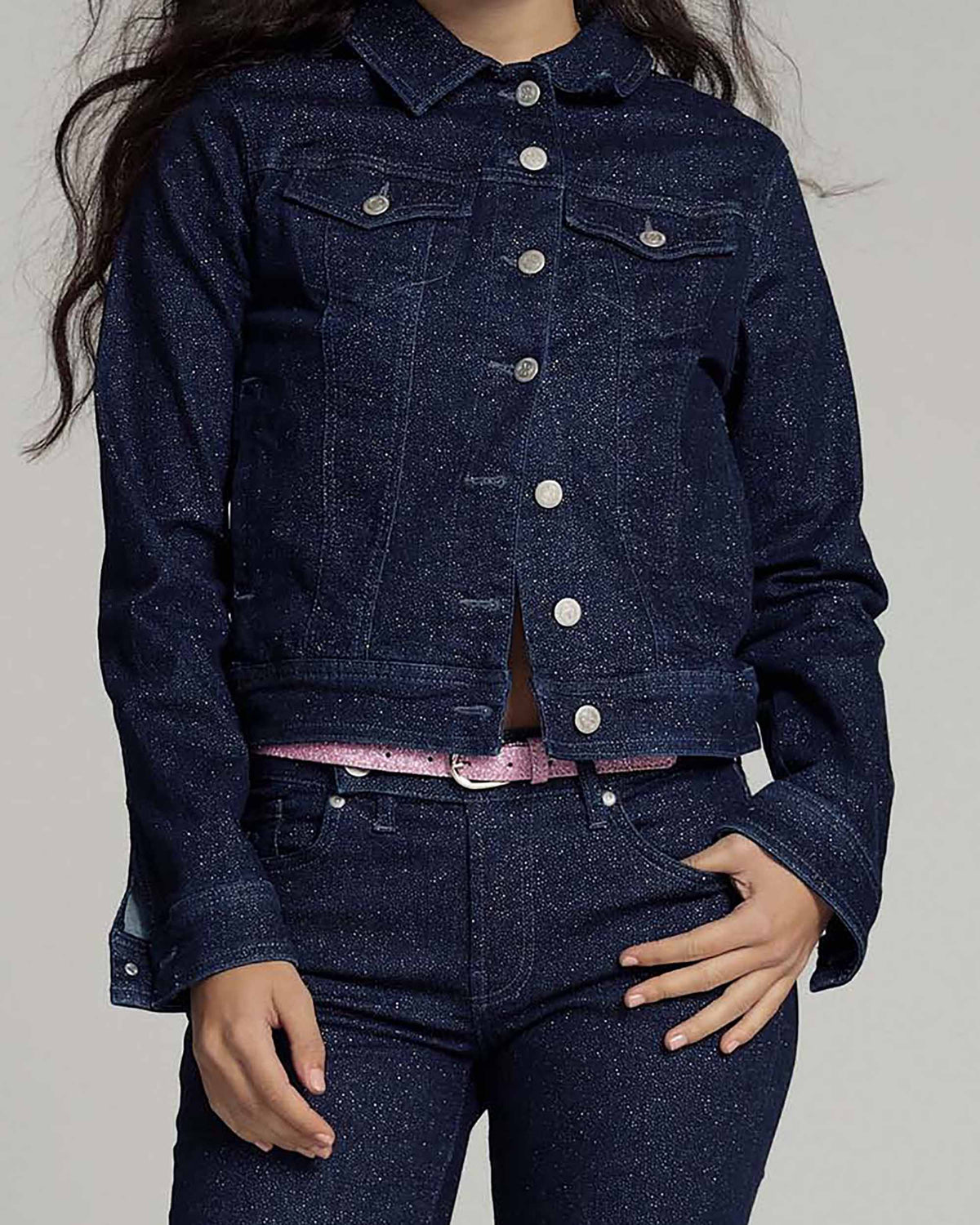 Shiny Indigo Denim Jacket, The Judy, waist-up crop with a denim jacket