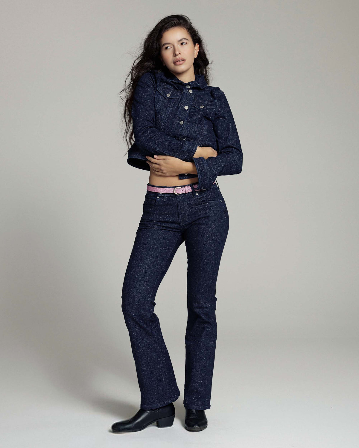 Shiny Indigo Denim Jacket, The Judy, front view, third photo