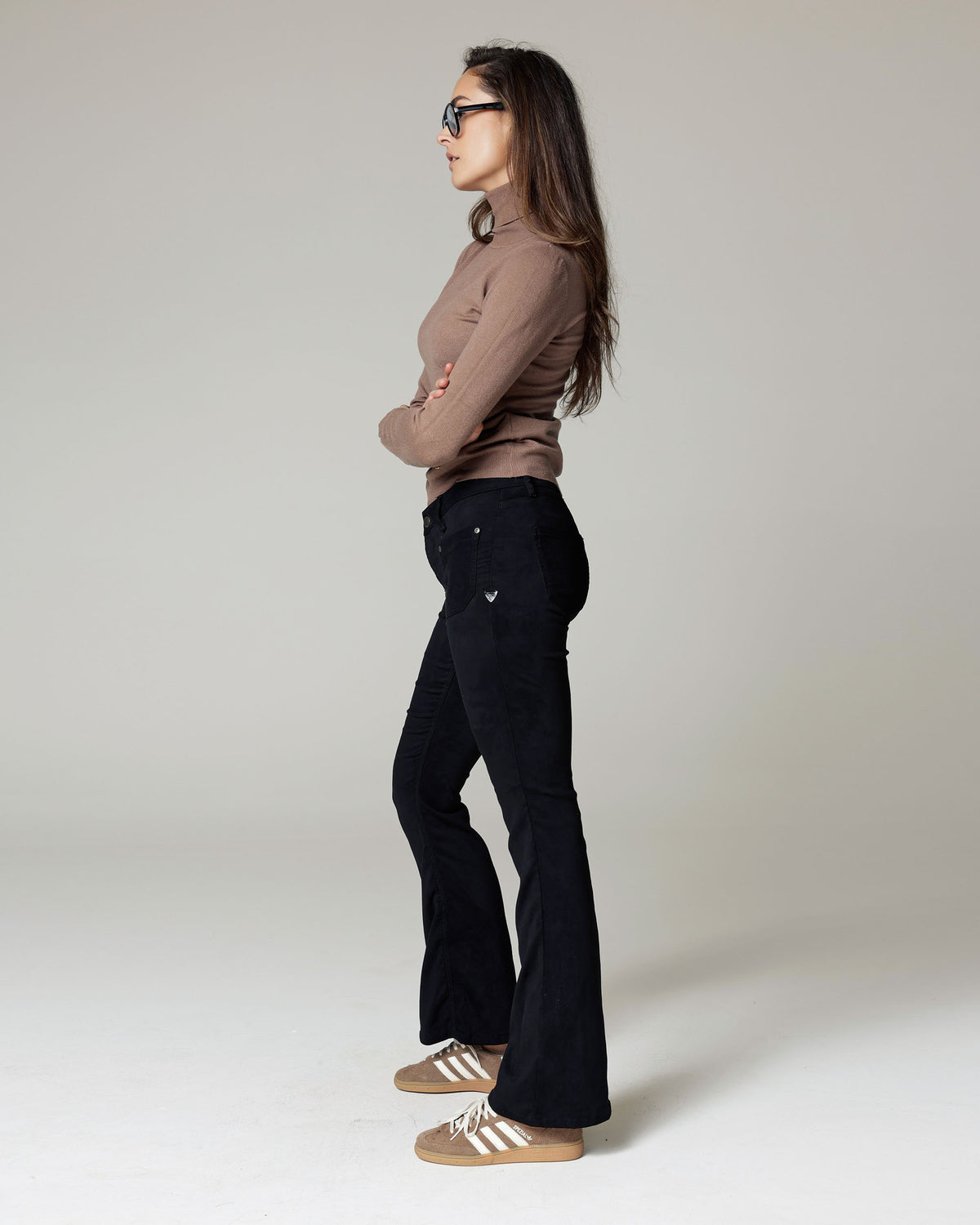 Black Velour Flare Trousers, The Catania, side view