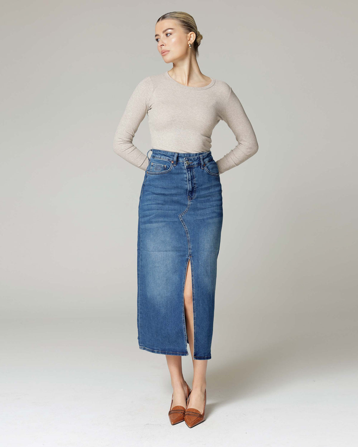 Mid-Blue Denim Skirt, The Hailey, front view
