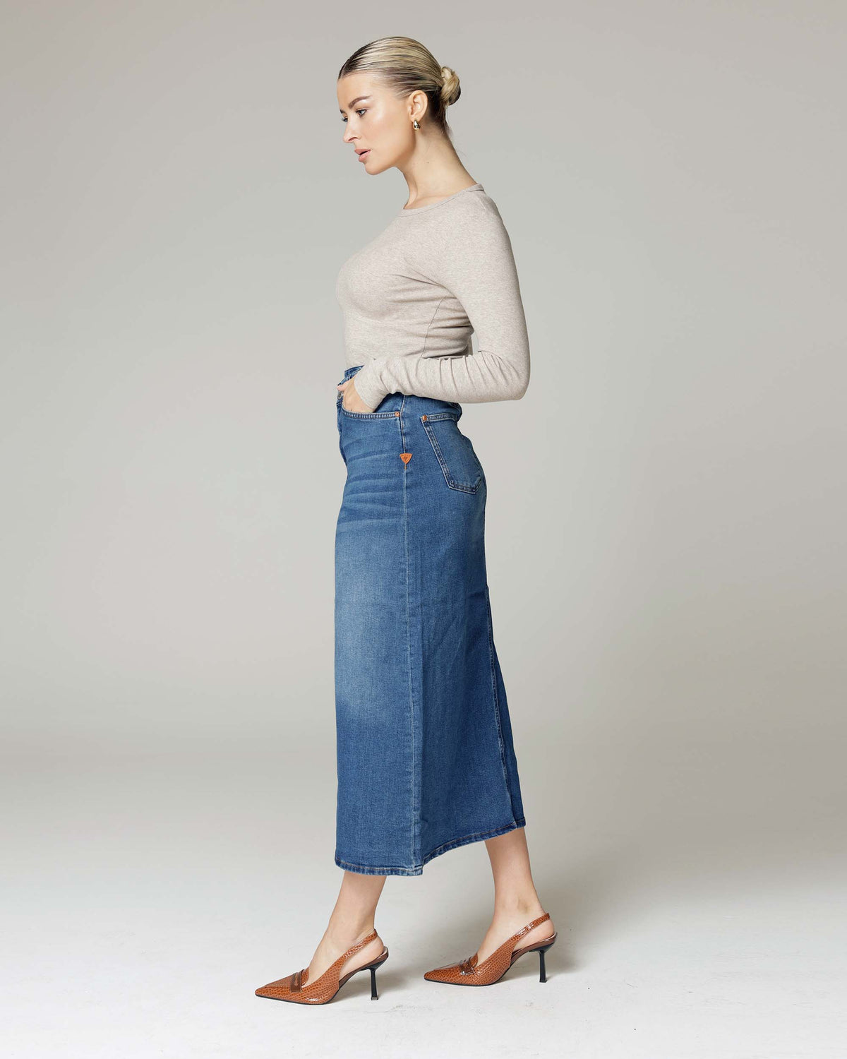 Mid-Blue Denim Skirt, The Hailey, side view