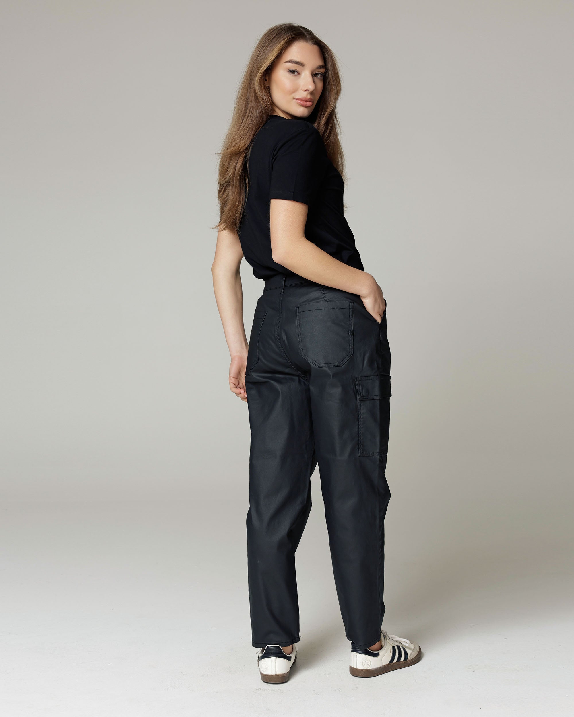 Black Coated Balloon Cargo Trousers | The Daria
