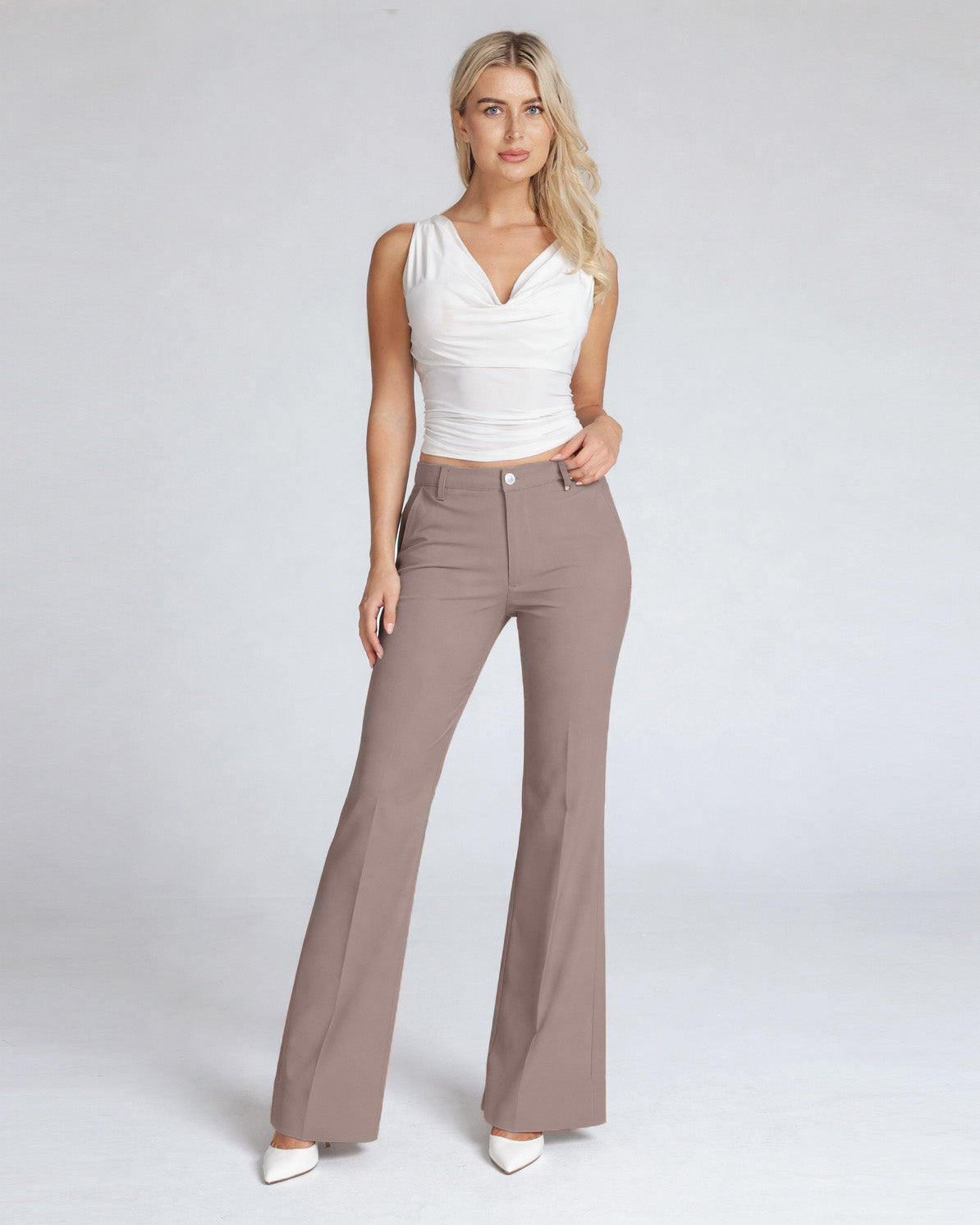 Beige Wide-Leg High-Rise Pants | The Atena Main image