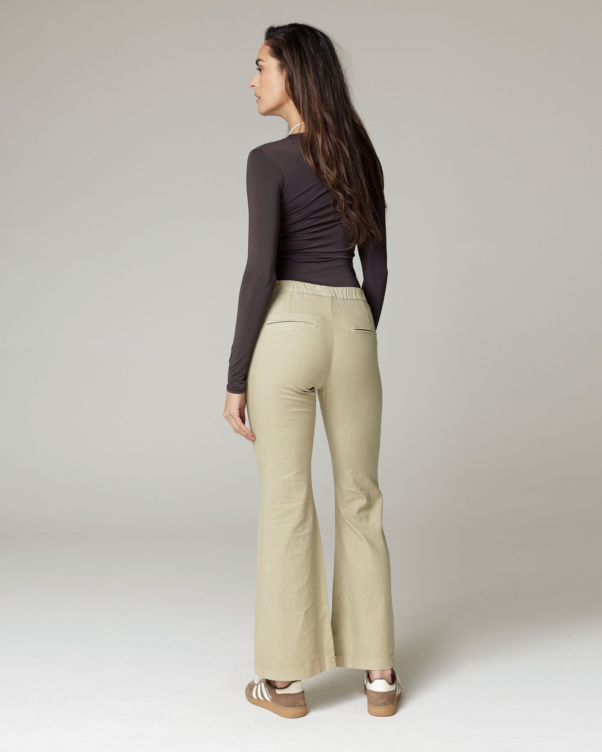 Olive Linen Flare Mid-Rise Trousers | The Susa