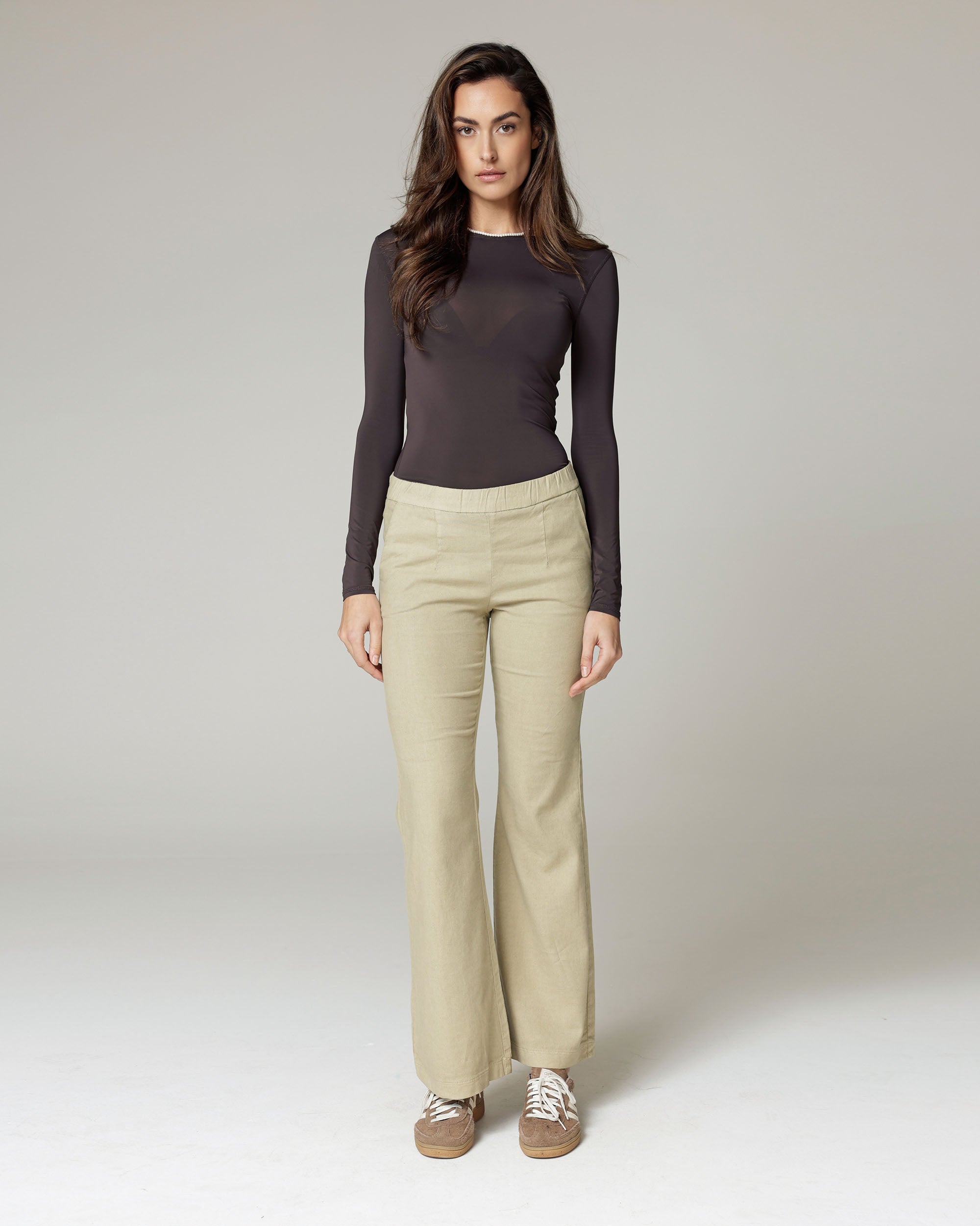 Olive Linen Flare Mid-Rise Trousers | The Susa Main image