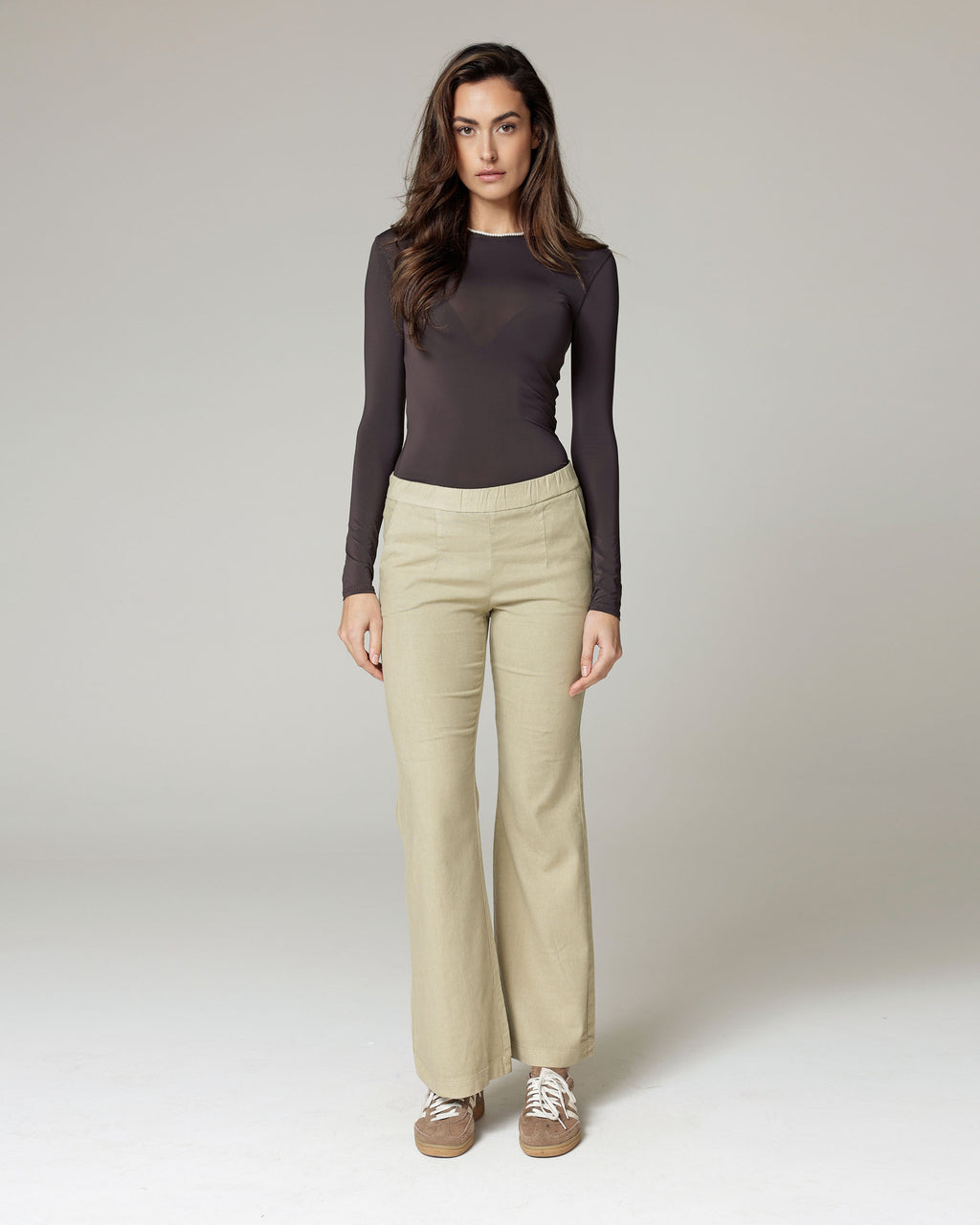 Olive Linen Flare Mid-Rise Trousers | The Susa