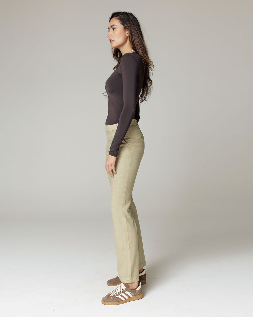 Olive Linen Flare Mid-Rise Trousers | The Susa