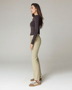 Olive Linen Flare Mid-Rise Trousers | The Susa
