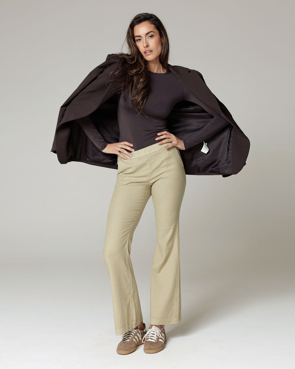 Olive Linen Flare Mid-Rise Trousers | The Susa