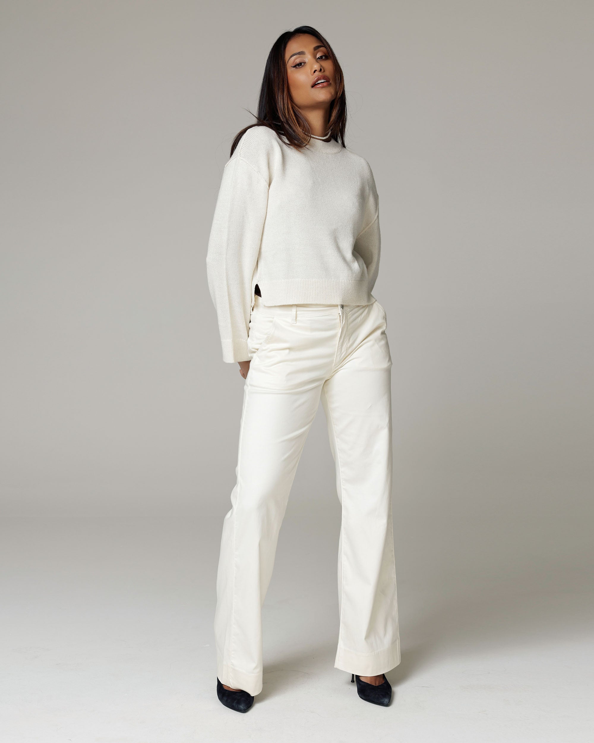 Bone White Wide-Leg Mid-Rise Trousers | The Atena Main image