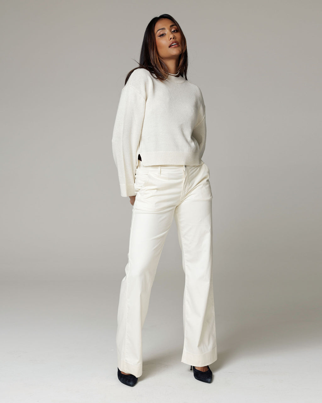 Bone White Wide-Leg Mid-Rise Trousers | The Atena