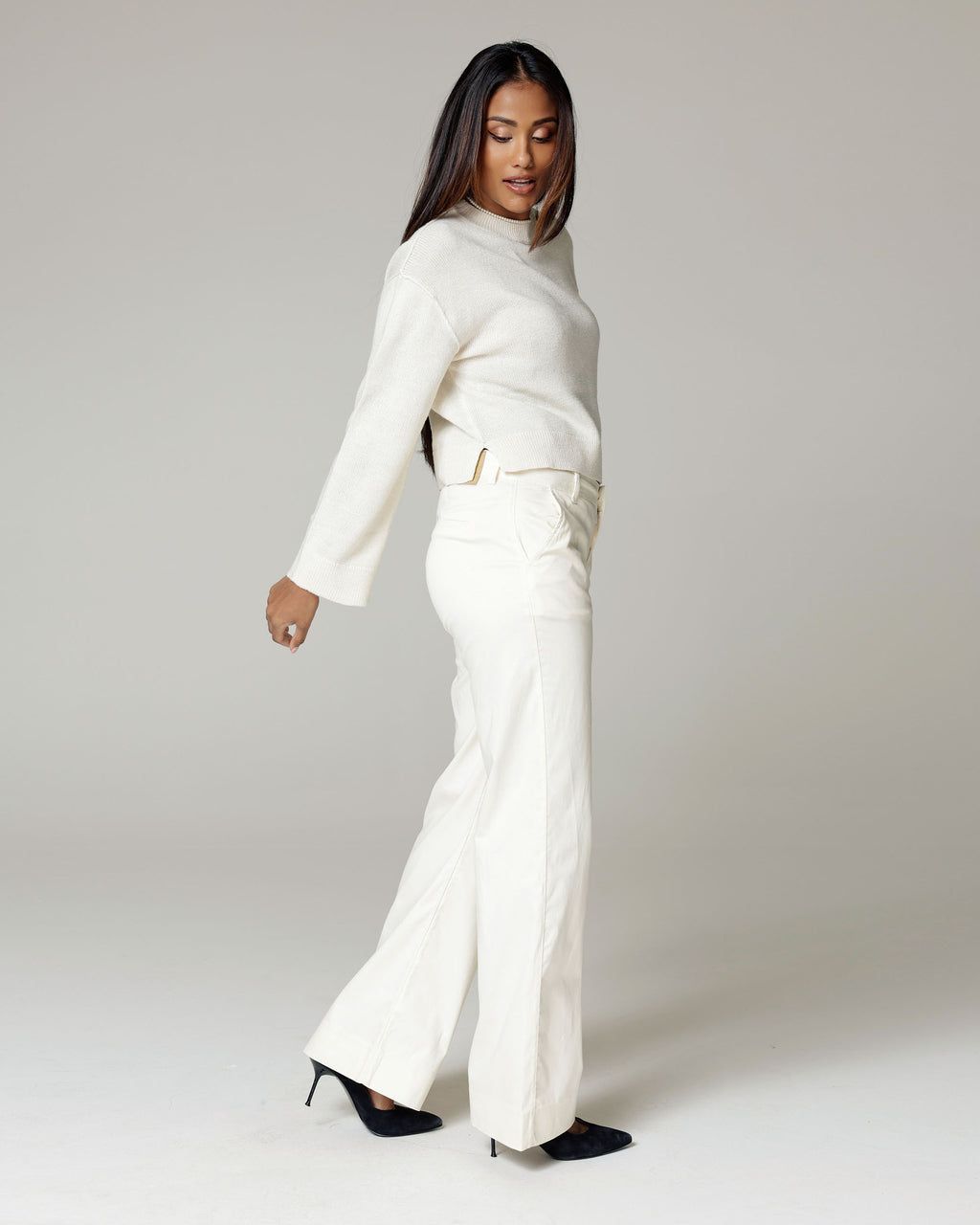 Bone White Wide-Leg Mid-Rise Trousers | The Atena