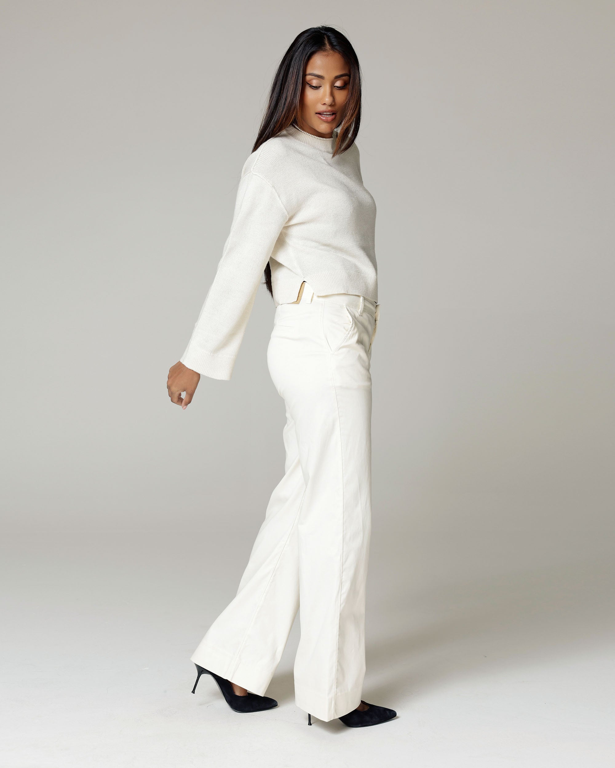 Bone White Wide-Leg Mid-Rise Trousers | The Atena
