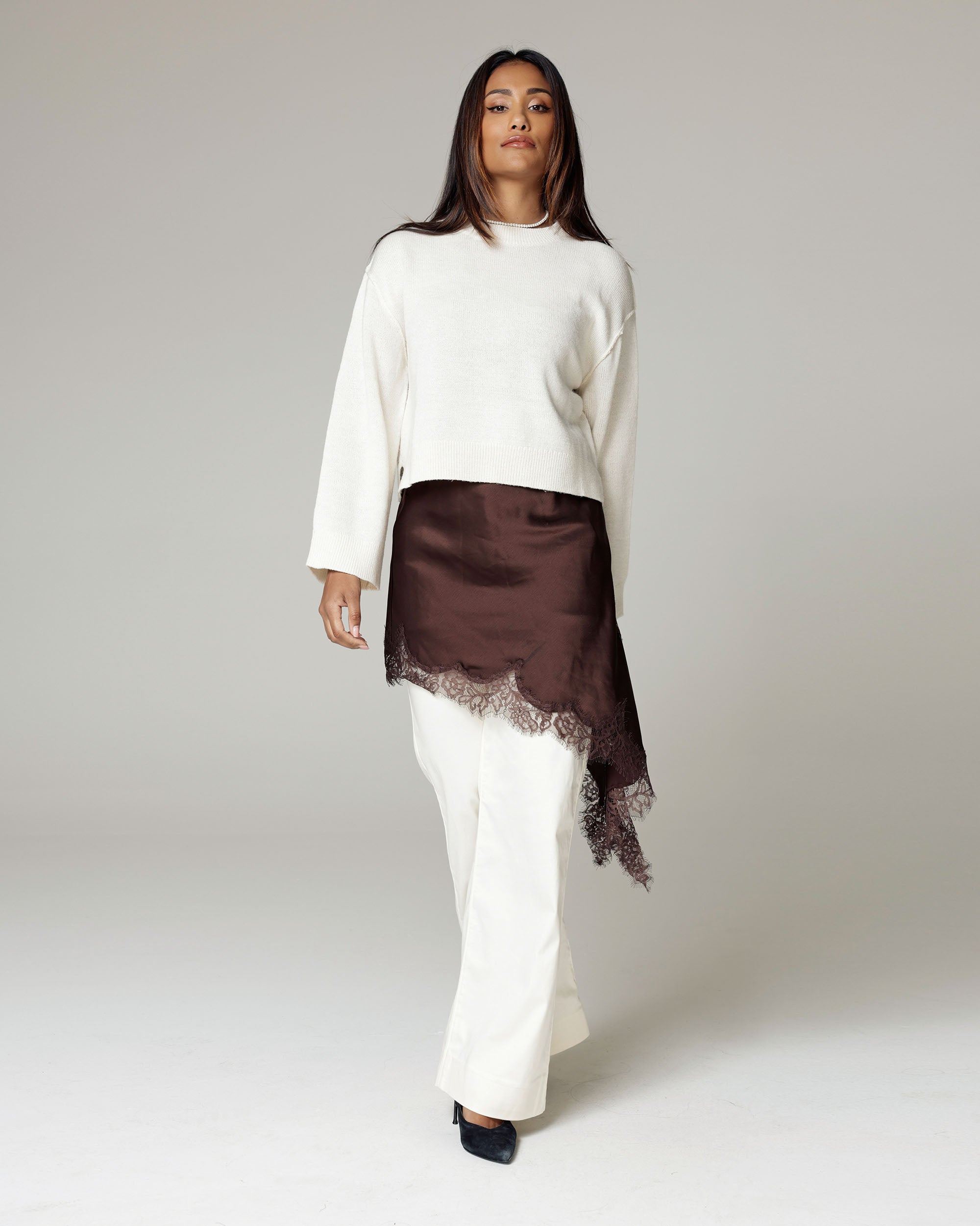 Bone White Wide-Leg Mid-Rise Trousers | The Atena