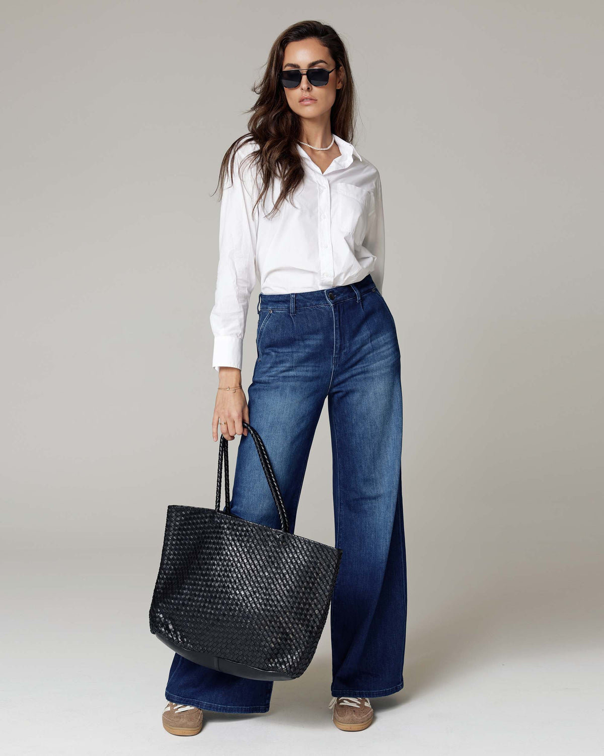 Dark Blue Wide-Leg Jeans, The Diba, styled full-length look