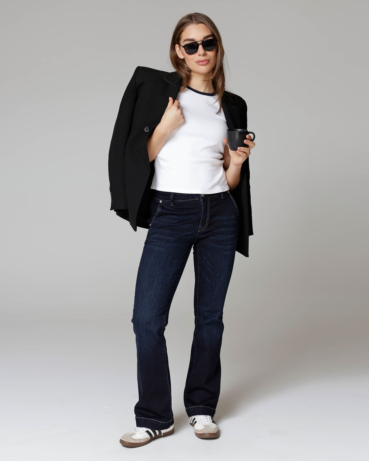 Dark Blue Bootcut Jeans, The Luna, styled full-length look