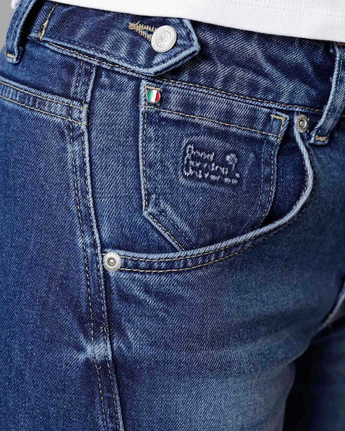 Mid-Blue Barrel-Leg Jeans, The Kristin, close-up detail