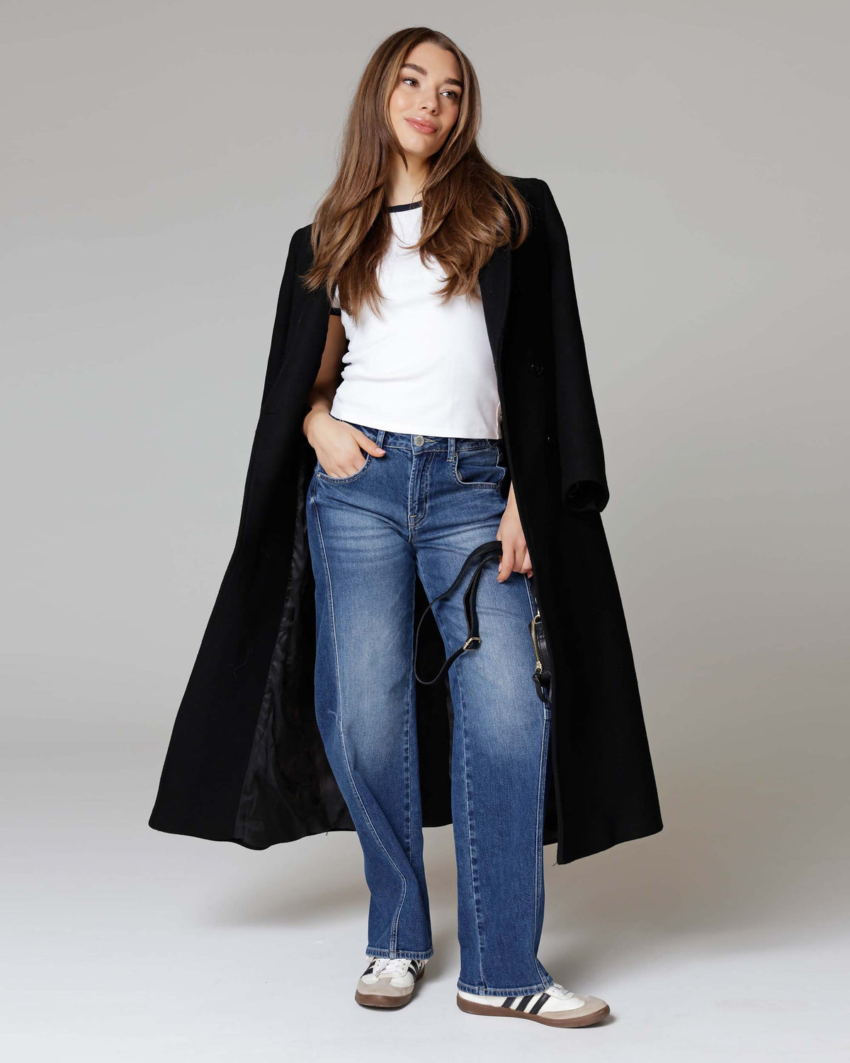 Mid-Blue Barrel-Leg Jeans, The Kristin, styled full-length look