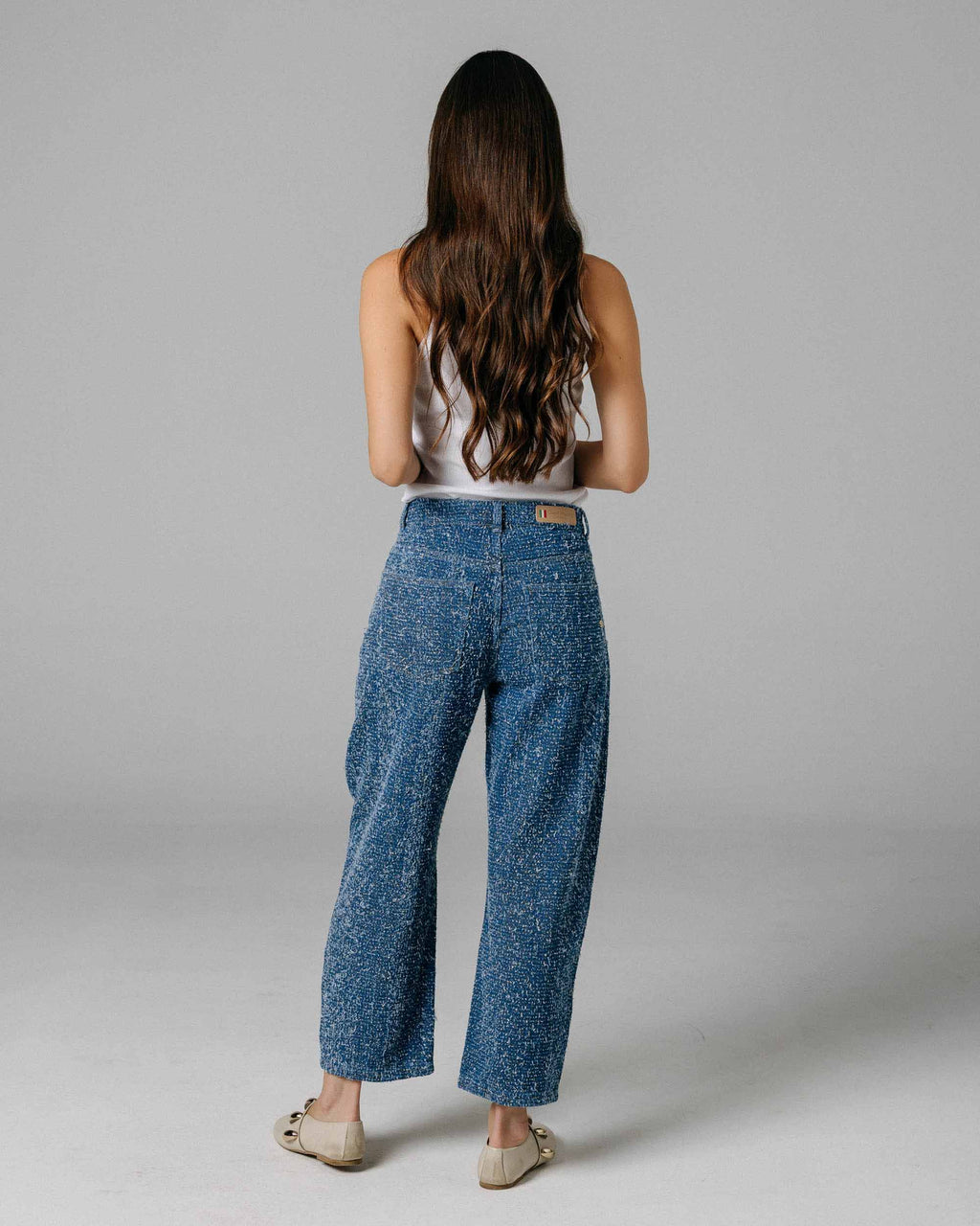 Blue & Gold Textured Half Barrel Jeans | The Lara