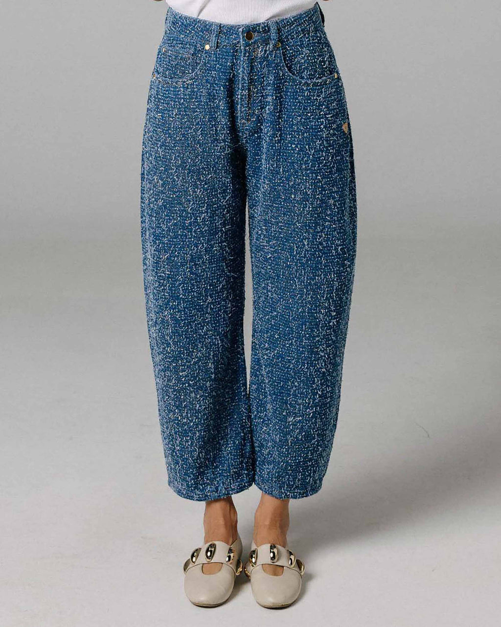 Blue & Gold Textured Half Barrel Jeans | The Lara