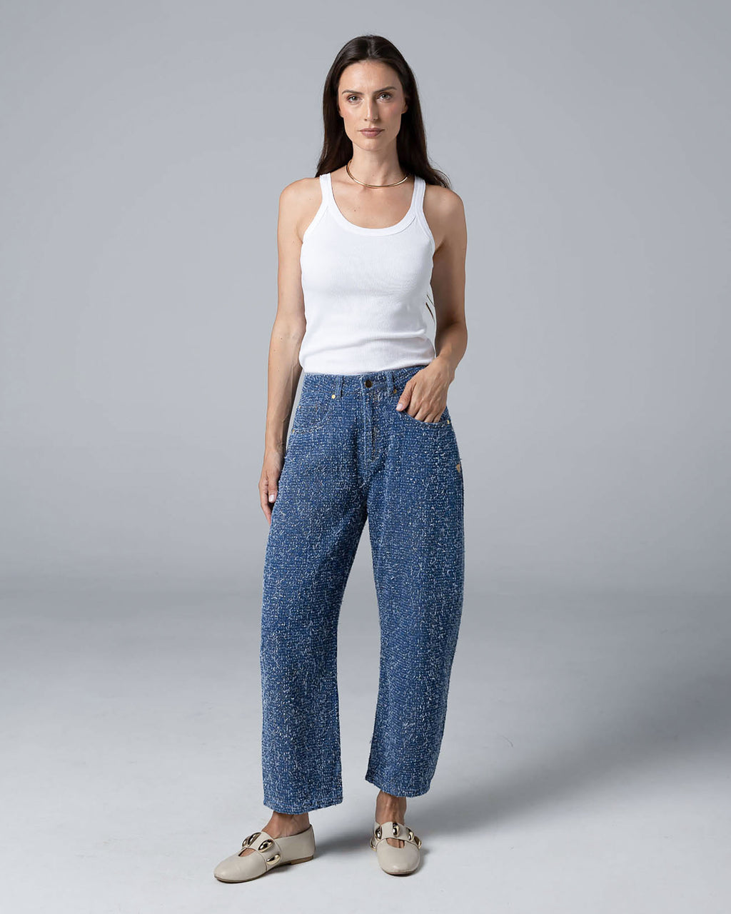 Blue & Gold Textured Half Barrel Jeans | The Lara