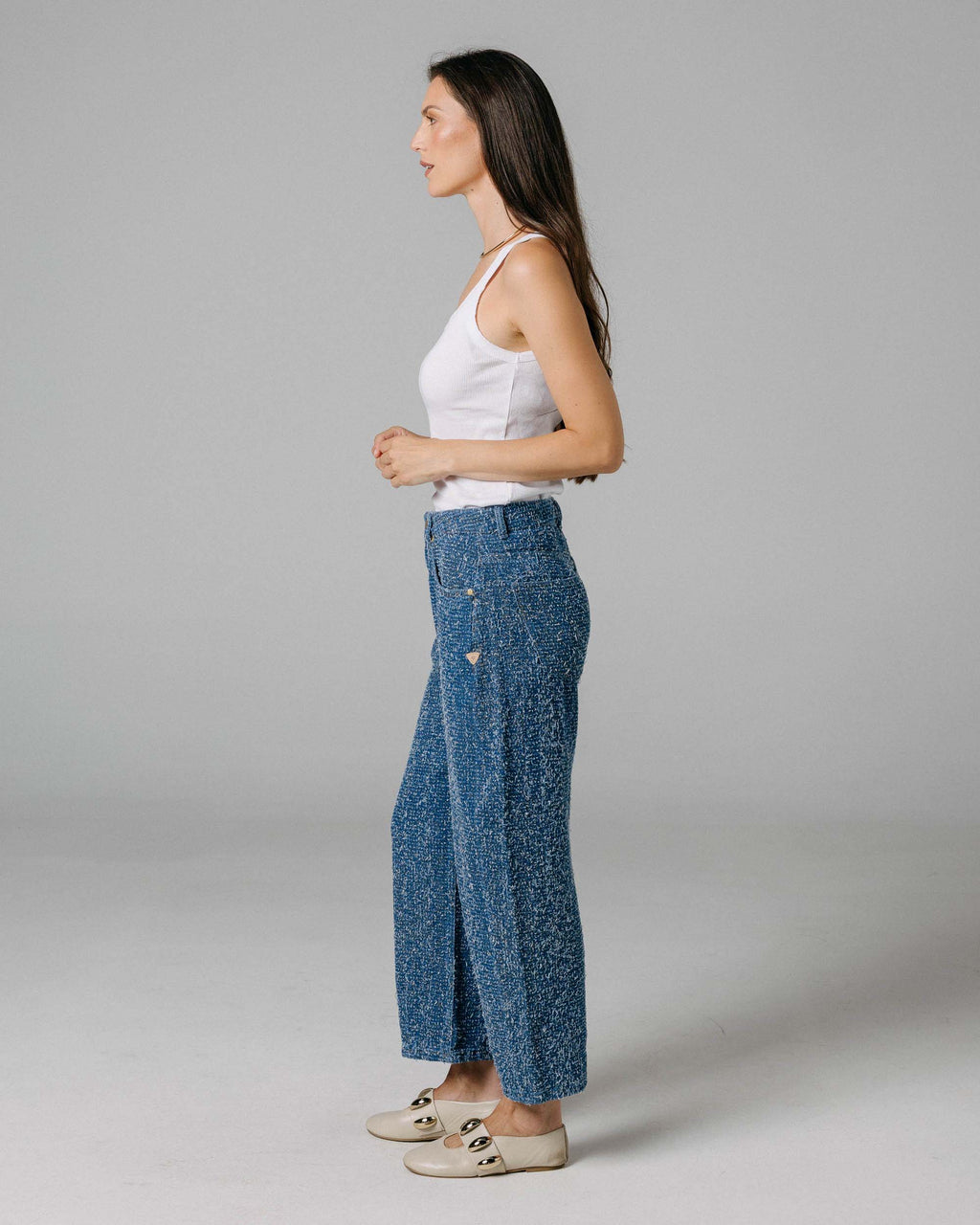 Blue & Gold Textured Half Barrel Jeans | The Lara
