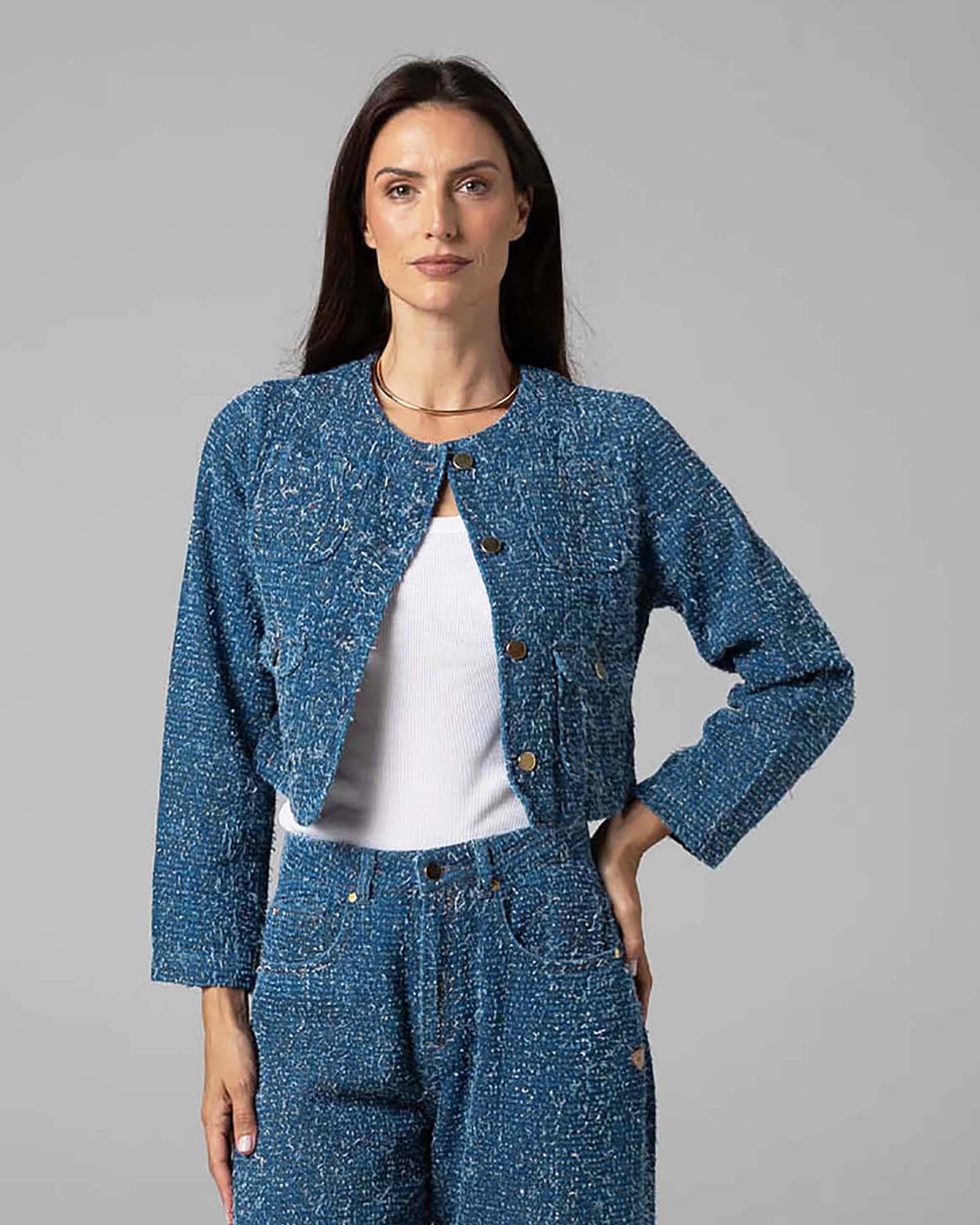 Blue & Gold Textured Denim Jacket | The Margot
