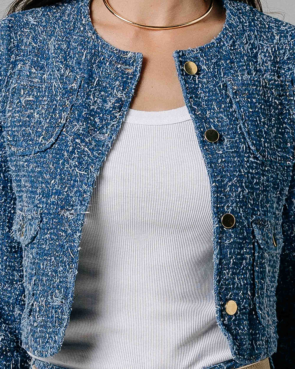 Blue & Gold Textured Denim Jacket | The Margot