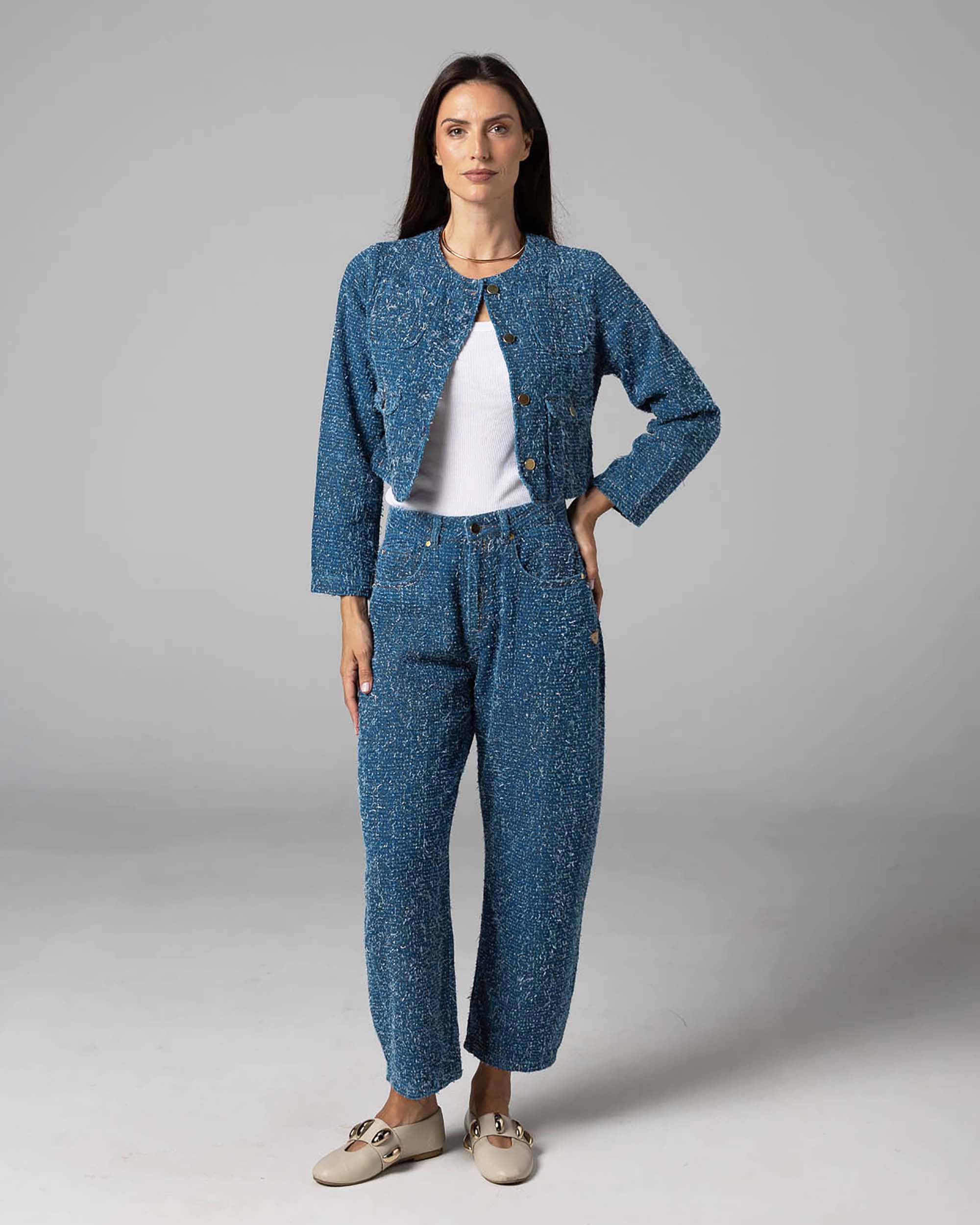 Blue & Gold Textured Denim Jacket | The Margot