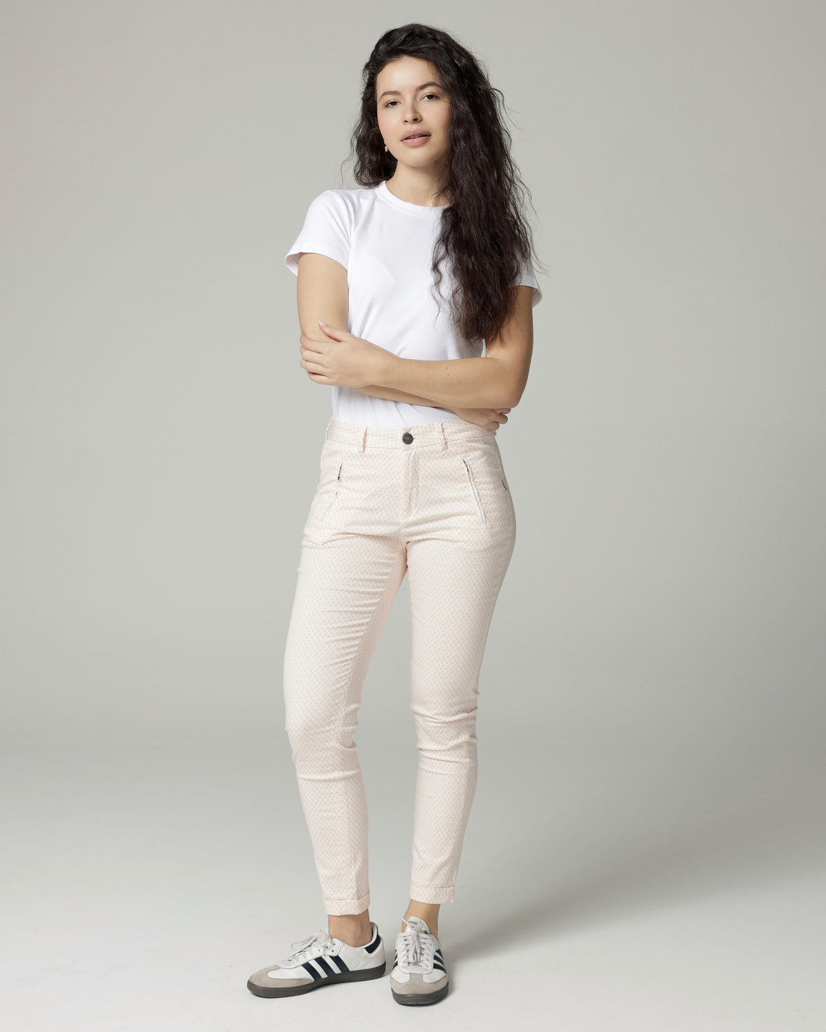 Ivory/Nude Printed Slim Trousers, The Terry, front view