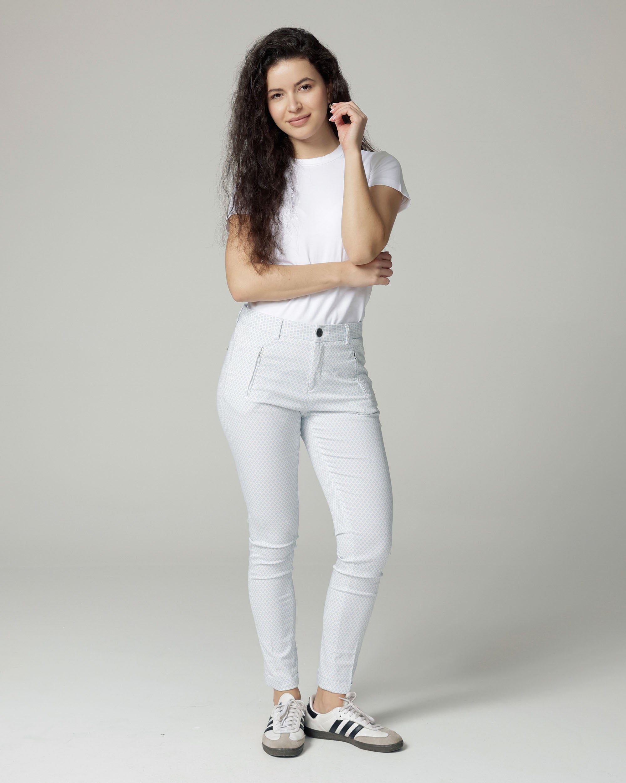 Ivory/Ice Blue Printed Slim Pants | The Terry Main image