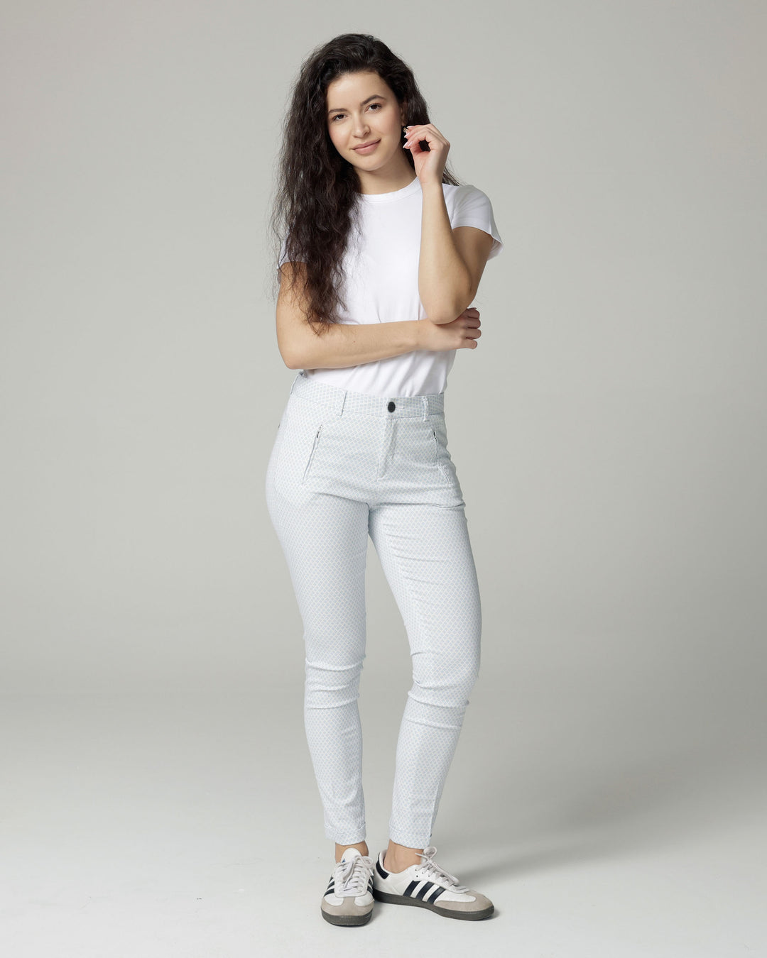The Terry, Ivory/Ice Blue Printed Slim Trousers