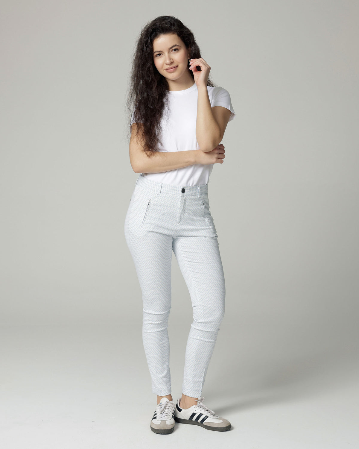 Ivory/Ice Blue Printed Slim Trousers, The Terry, front view