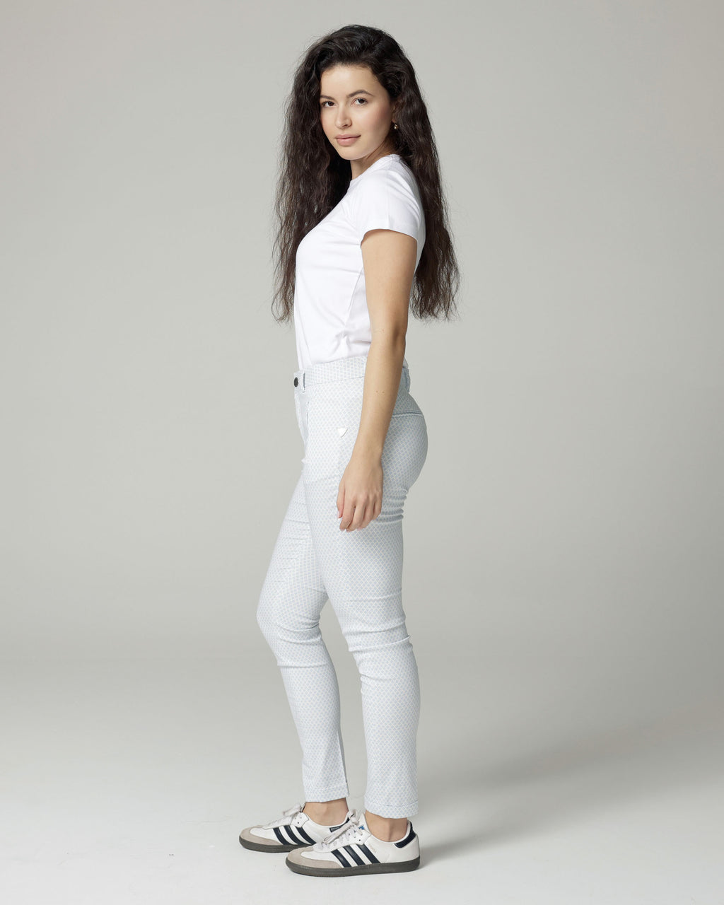 Ivory/Ice Blue Printed Slim Pants | The Terry