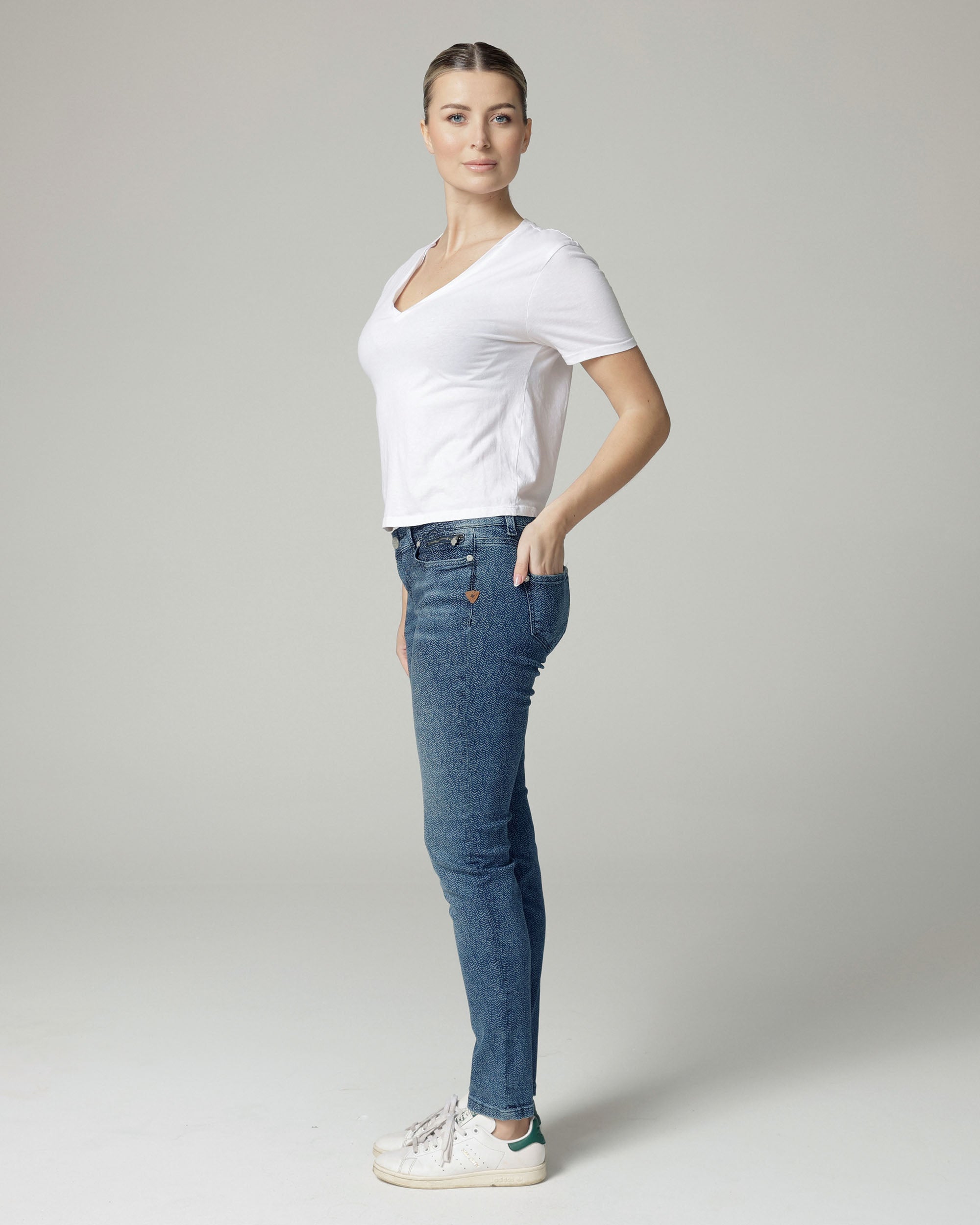 Indigo Fishbone Print Slim Jeans | The Merty Secondary image
