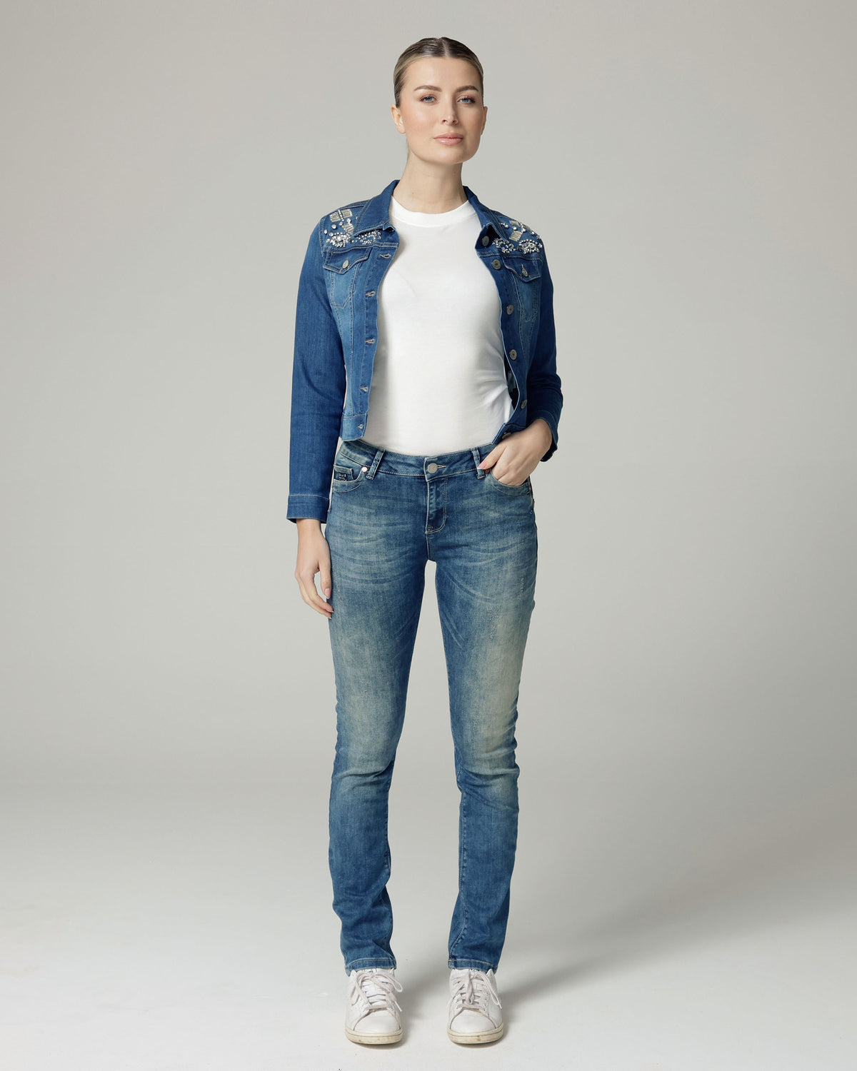 Mid Blue Embellished Denim Jacket | The Elisa Main image