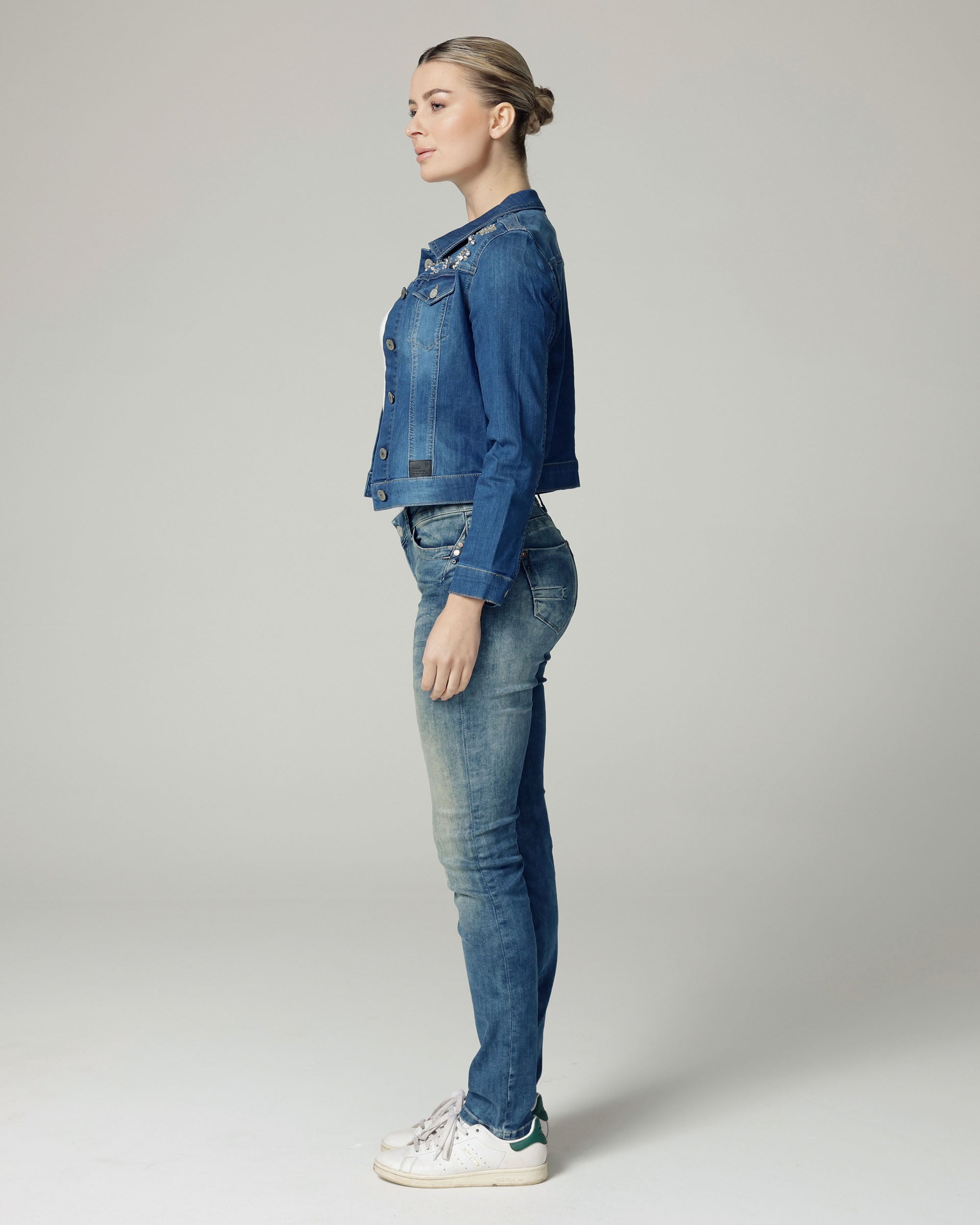 Mid Blue Embellished Denim Jacket | The Elisa Secondary image