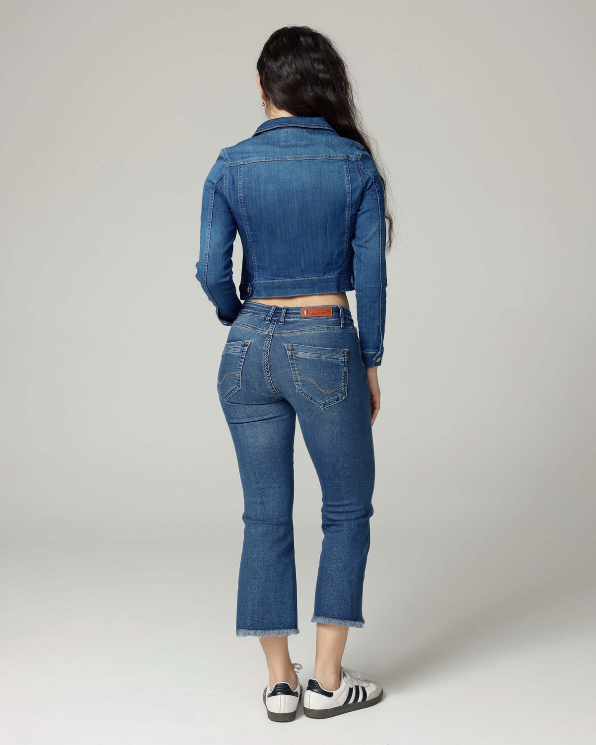 Mid Blue Cropped Denim Jacket, The Elisa, back view