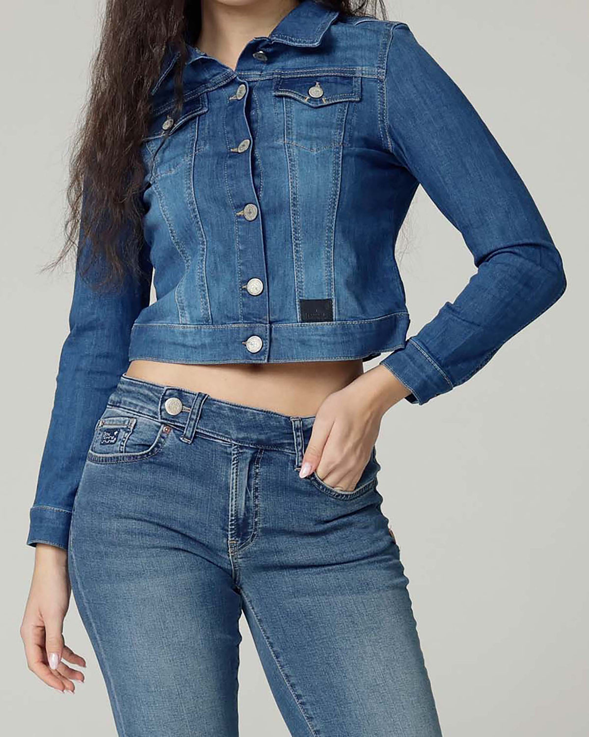 Mid Blue Cropped Denim Jacket, The Elisa, waist-up crop with a denim jacket