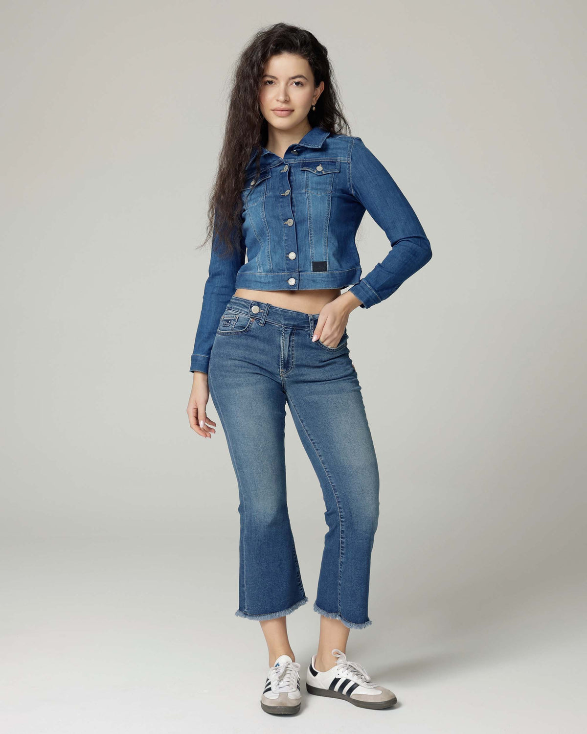 Mid Blue Cropped Denim Jacket, The Elisa, front view