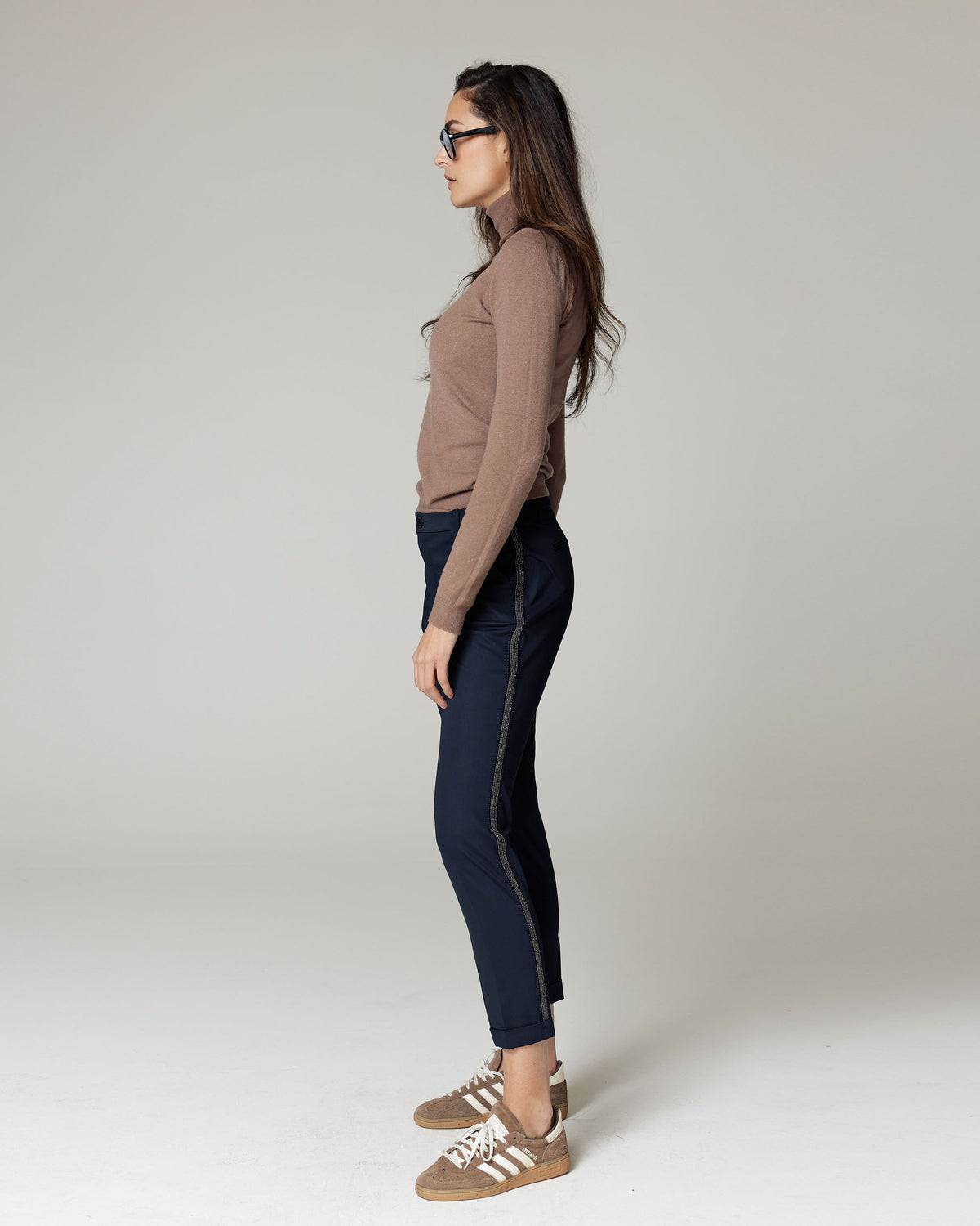 Navy Slim Straight Chino Trousers, The Lea Deco, side view