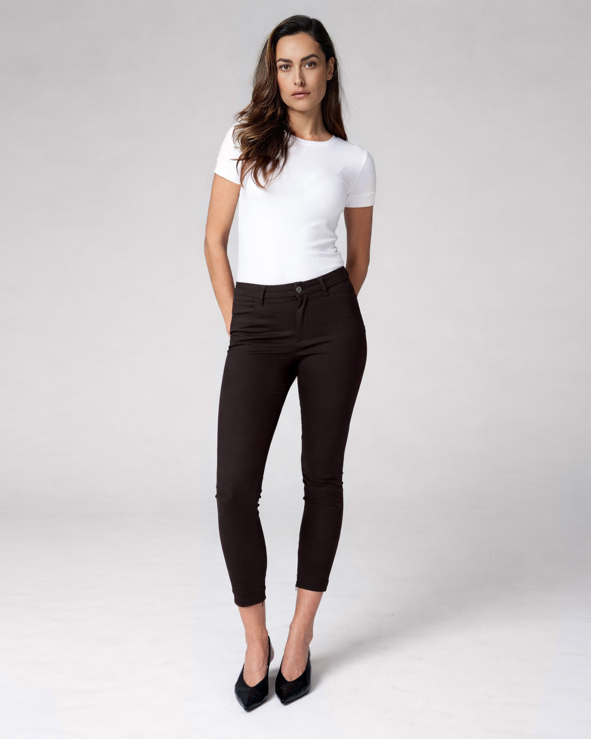 Dark Brown Skinny Mid-Rise Pants | The Amara Main image