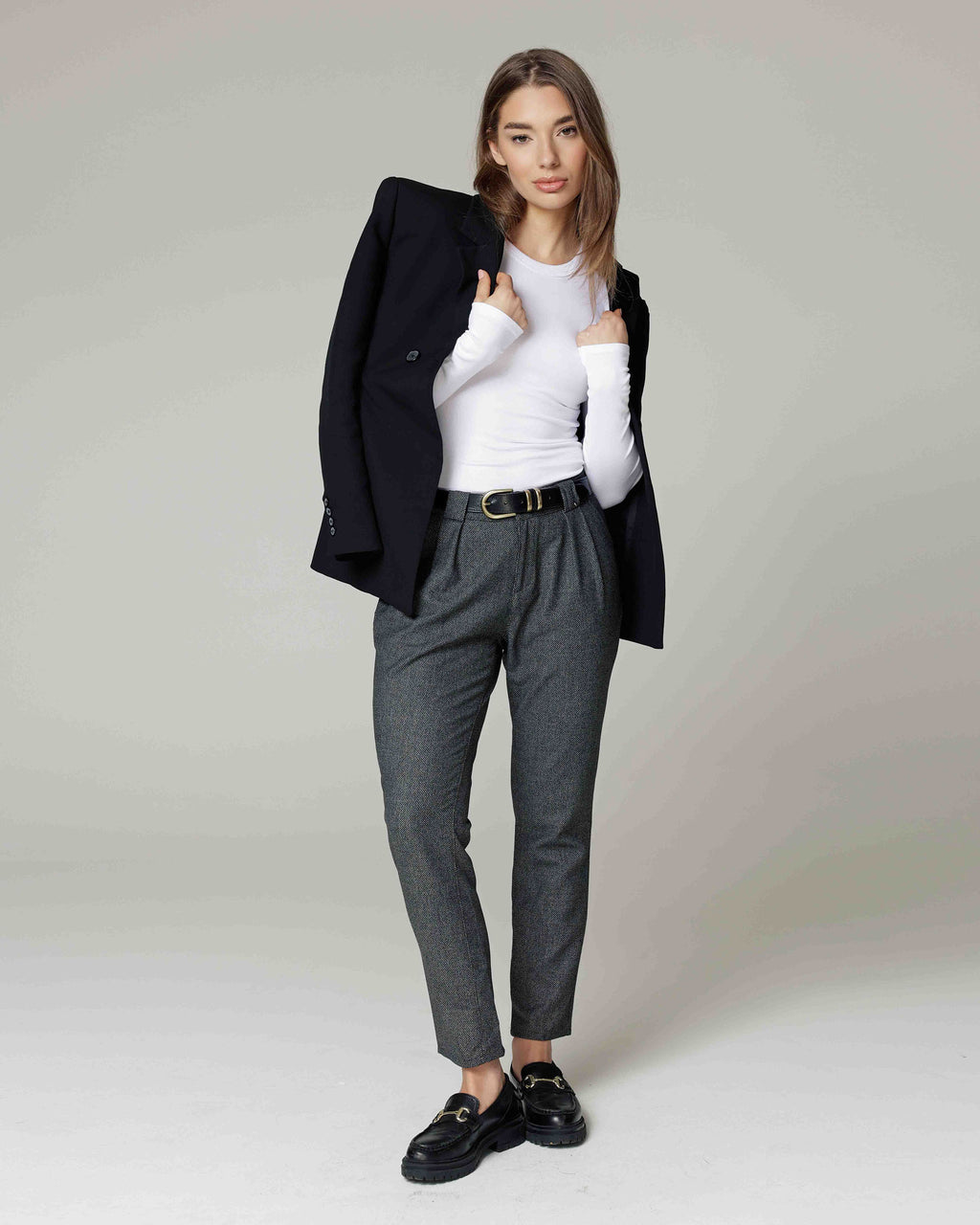 Salt-and-Pepper Tapered Pleated Pants | The Kim